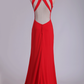 Sexy Open Back Prom Dresses Scoop Spandex With Beads And Slit Sheath