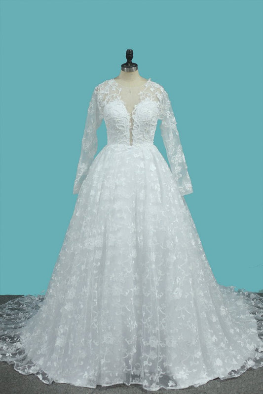 2024 Luxurious A Line Lace Scoop Long Sleeves Wedding Dresses With Pearls Royal Train