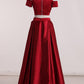Two Pieces High Neck A Line Prom Dresses Satin Floor Length