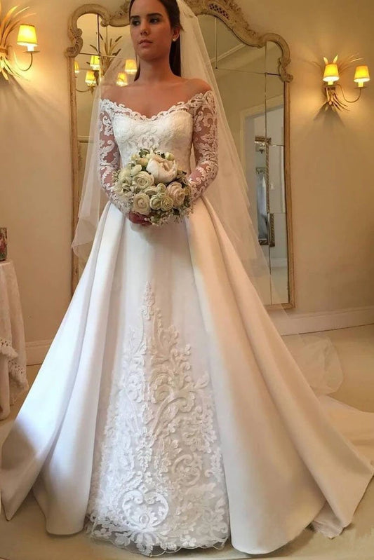 Princess Off the Shoulder Modest Wedding Dresses with Lace Long Sleeves SRS15302