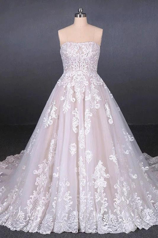Ball Gown Strapless Wedding Dresses with Lace Applique, Lace Up Bridal Dress SRS15071