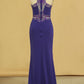 Spandex High Neck Sweep Train Prom Dresses With Beading And Rhinestones