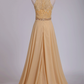 A Line High Neck Prom Dresses Chiffon & Lace With Beads Sweep Train