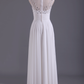 White Bateau A-Line Prom Dresses Chiffon Floor-Length With Beads And Applique