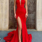 Red Strapless Mermaid Formal Evening Dresses With Split