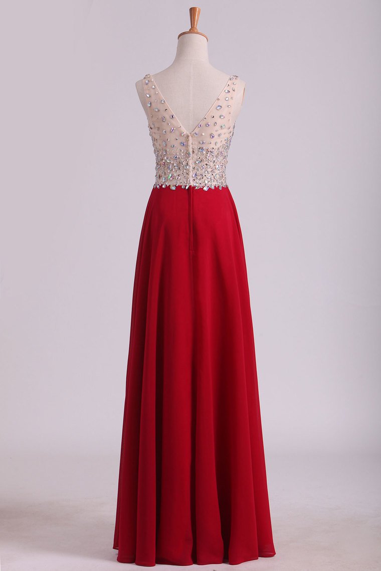 A Line V Neck Prom Dresses Chiffon With Beads And Slit Sweep Train