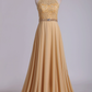 A Line High Neck Prom Dresses Chiffon & Lace With Beads Sweep Train