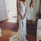 Ivory Lace Spaghetti Straps Sheath Long Front Split Beach Wedding Dresses