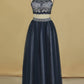 Prom Dresses High Neck Two Pieces Tulle A Line With Beads Floor Length