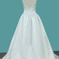 Scoop Satin A Line Wedding Dresses With Bow Knot Sweep Train