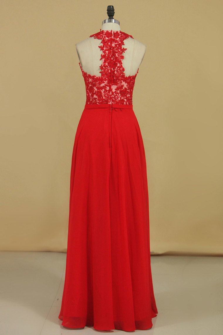 New Arrival V Neck Prom Dresses A Line Chiffon With Applique And Beads Floor Length
