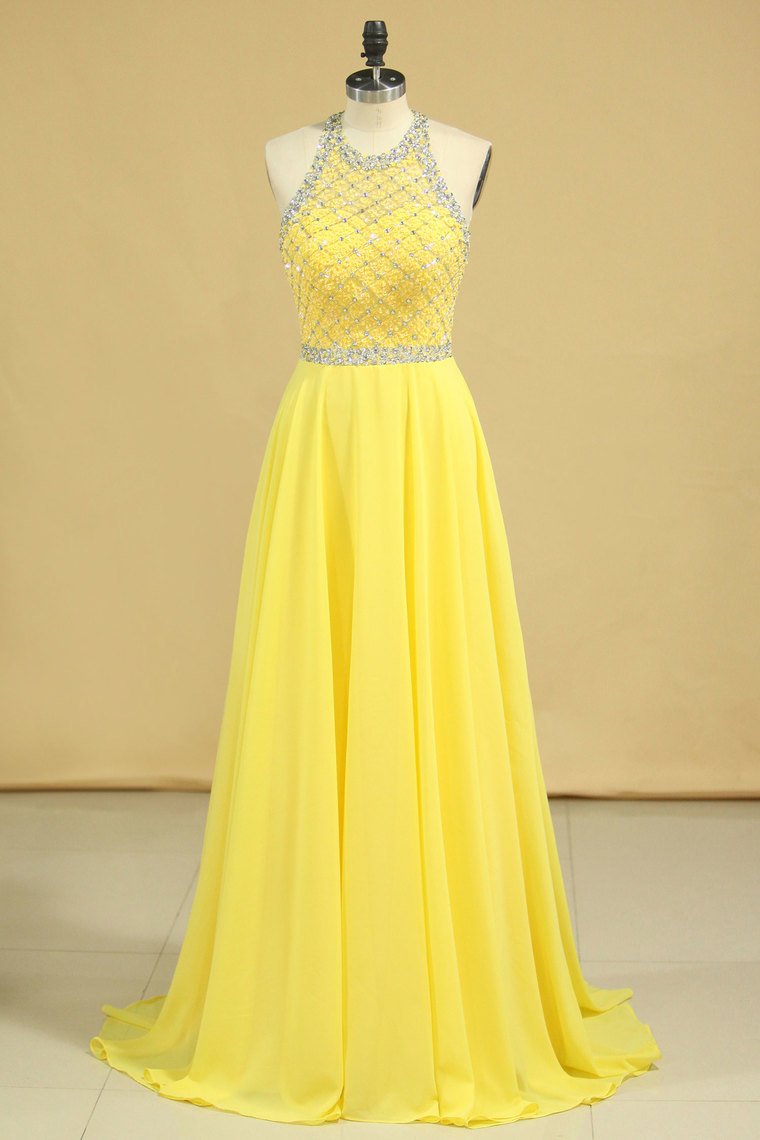 A Line Prom Dresses Halter Beaded Bodice Open Back Sweep Train Chiffon & Tulle Daffodil