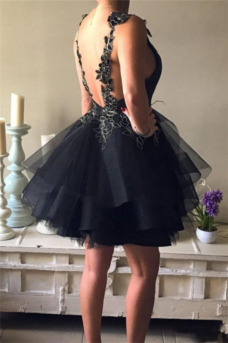 Sexy Open Back Homecoming Dresses A Line Straps Tulle With Applique