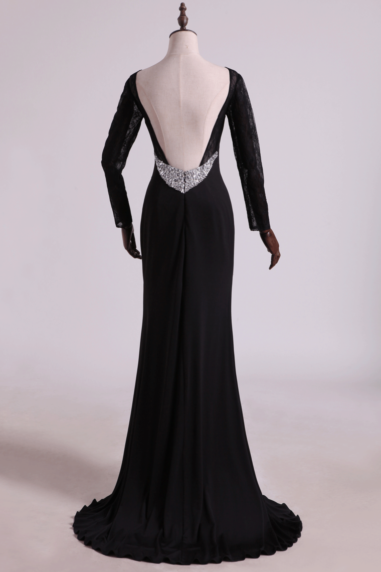 Open Back Bateau Prom Dresses Sheath Spandex Black With Beading