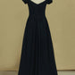 New Arrival Straps A Line Chiffon Prom Dress Sweep Train With Slit And Ruffles