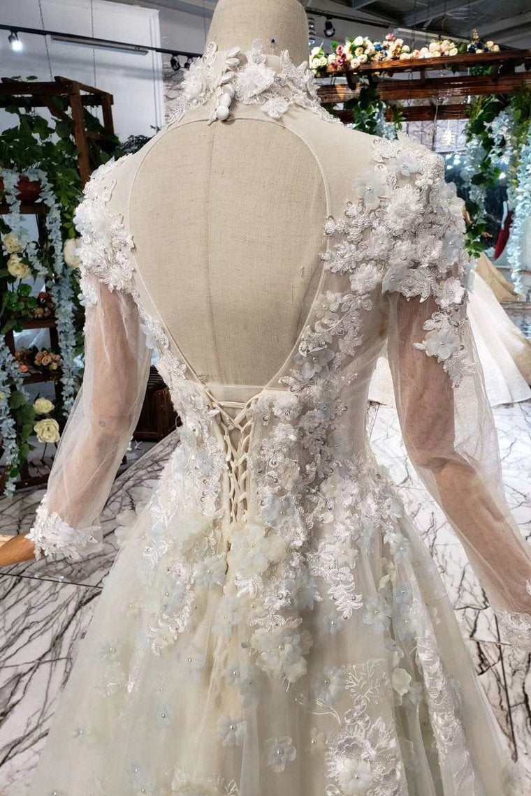 Prom Dresses Tulle High Neck Long Sleeves Handmade Flower Sequins