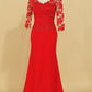 Red V Neck 3/4 Length Sleeve Mother Of The Bride Dresses Chiffon With Applique