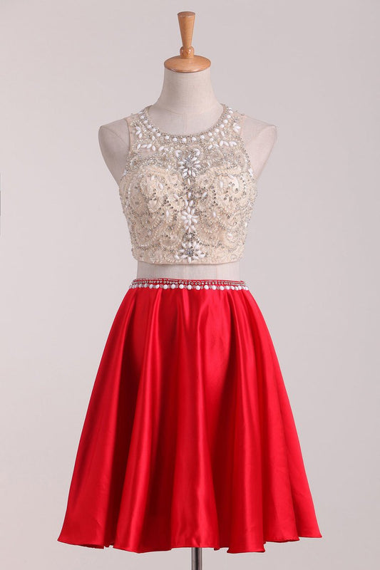 2024 New Arrival Scoop Beaded Bodice Homecoming Dresses A Line Satin Two Pieces
