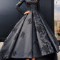 A Line Long Sleeves Satin Prom Dresses With Applique Asymmetrical