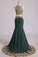 Dark Green Mermaid Two-Piece Prom Dresses Scoop Sweep/Brush Chiffon With Gold Applique