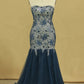 Strapless Mermaid Prom Dresses Tulle & Lace With Rhinestones And Beads Plus Size