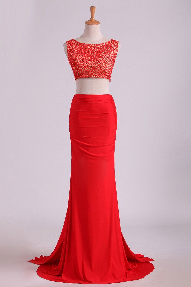 Prom Dresses Scoop Beaded Bodice Sheath Two Pieces Spandex Sweep Train
