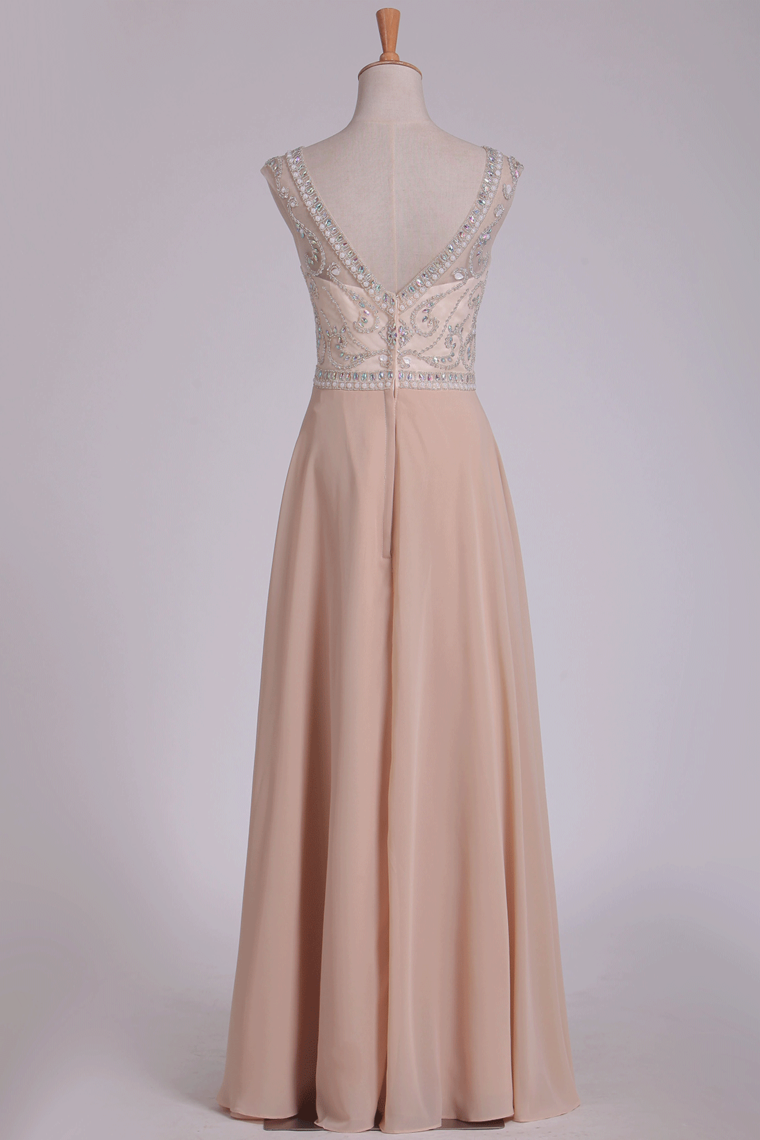 A Line Bateau Cap Sleeves Prom Dresses Chiffon With Beading And Slit