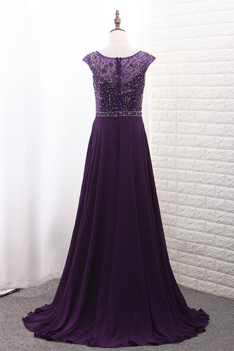2024 A Line Scoop Chiffon Mother Of The Bride Dresses With Beads Bodice Sweep Train