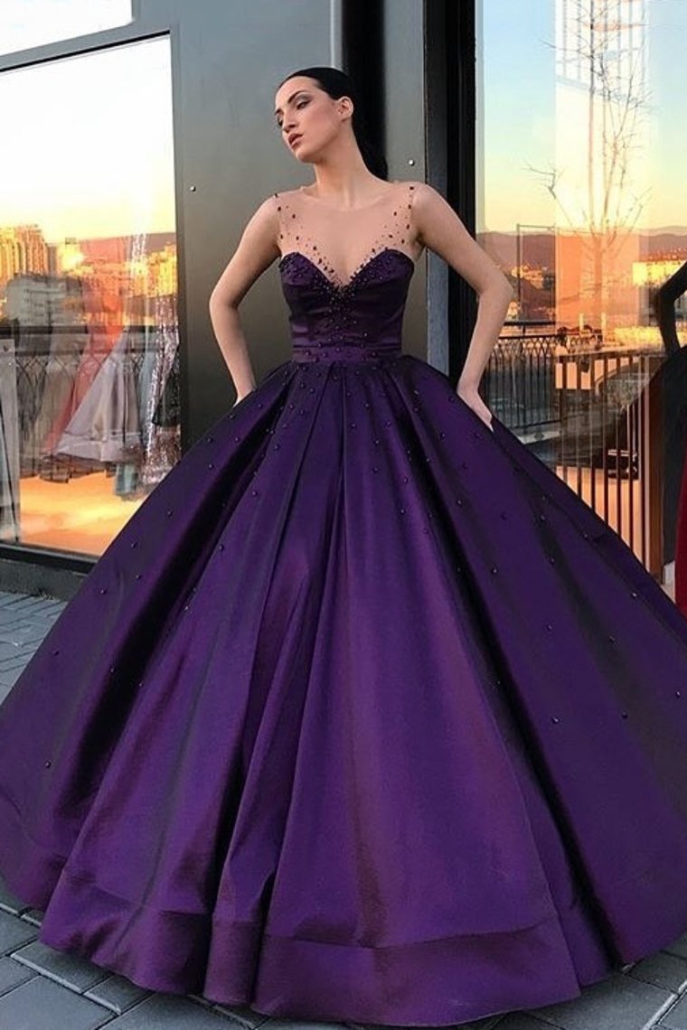 Ball Gown Prom Dresses Scoop Satin With Beads Floor Length