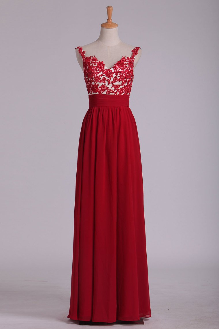 Prom Dress Spaghetti Straps A Line Chiffon With Applique And Beads