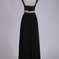 Straps Two Pieces A Line Prom Dresses Chiffon With Applique Floor Length