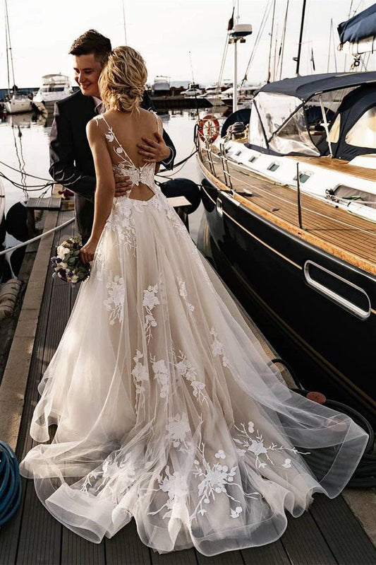 A Line Floral Appliques Beach Wedding Dresses Backless Tulle Boho Wedding Gowns JS947