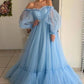 Blue Tulle Off the Shoulder Modern Prom Dresses Long Sleeve Quinceanera Dresses