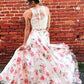 Two Piece High Neck Floral Long Lace A Line Sleeveless Graduation Prom Dresses UK JS571