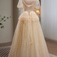 Charming Champagne V Neck Short Sleeves A Line Tulle Long Prom Dresses
