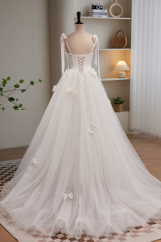 White Spaghetti Straps Bowknot A Line Tulle Long Prom Dresses
