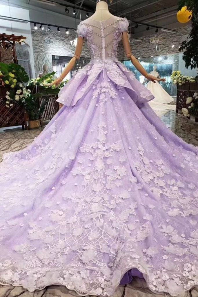 Lilac Ball Gown Short Sleeve Prom Dresses with Flowers Gorgeous Quinceanera Dress JS968
