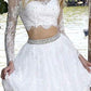 Long Sleeve Lace White Two Pieces Beads Homecoming Dresses Scoop Short Prom Dresses H1174