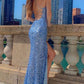 Prom Dresses With Side Slit Spaghetti Straps Blue Sequin Mermaid