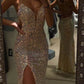 Spaghetti Straps Sparkly Sequins Long Formal Evening Gown Mermaid Prom Dresses With Slit