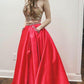 Sparkly Two Piece Beaded Satin Red High Neck Long Prom Dresses with Pockets JS742