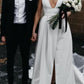 Stunning V-Neck Satin Straps Ivory Wedding Dresses A-line Bridal Gowns with Pockets V Back W1102