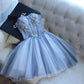 Sweetheart Strapless Homecoming Dresses Beads Blue Lace up Tulle Short Prom Dresses H1066