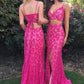 Two Pieces Mermaid Spaghetti Straps V-Neck Fuchsia Lace Split Lace up Prom Dresses JS264