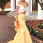 Two Piece Off-the-Shoulder White and Yellow Zipper V-Neck Mermaid Long Prom Dresses JS63