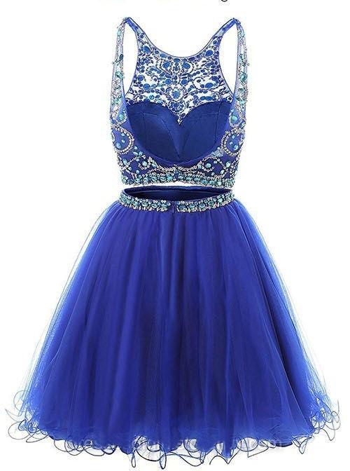 Jewel Neck Illusion Sequins Crystal Shining Two Piece Low Back Royal Blue Tulle Homecoming Dress JS877