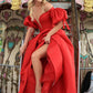 Unique Red Off the Shoulder Short Sleeve V Neck Prom Dresses Cheap Evening Dresses P1110