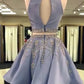 Unique Two Pieces Rhinestone Halter Open Back Short Party Dress Homecoming Dresses JS916