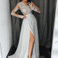 Stylish A-Line V-Neck Long Sleeves Split Front Gray Chiffon Long Prom Dresses JS327