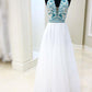 White Chiffon Long Prom Dress V Neck Halter With Blue Beaded Bodice Dress Evening Dress P1031